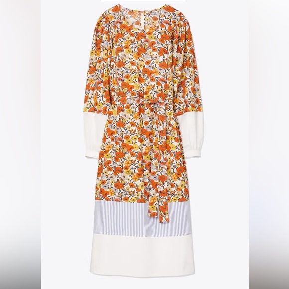 Tory Burch Orange and White Floral Long Sleeve Dress - Picture 2 of 7